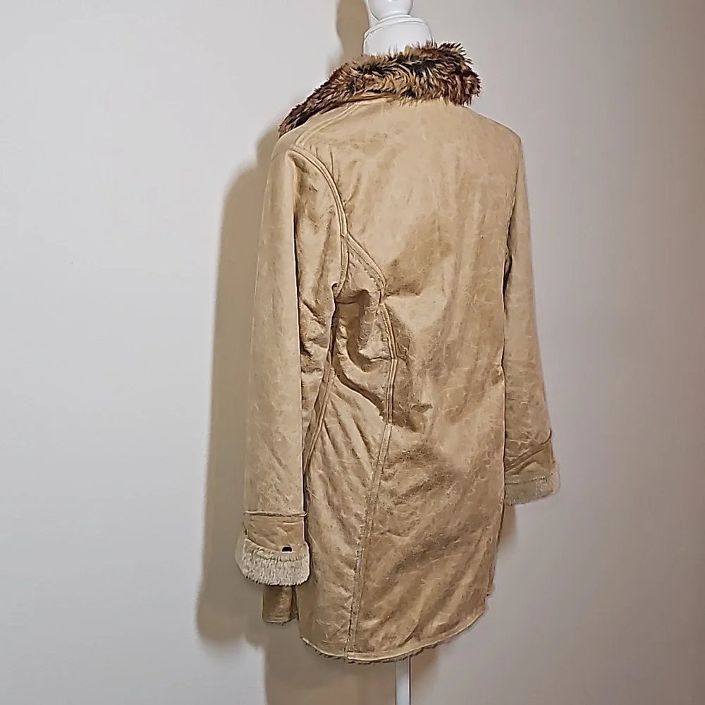Morricci Coat Jacket Penny Lane Lined Faux Suede Faux Fur Collar Pockets Tan L - Picture 5 of 12